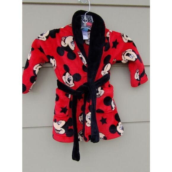 Disney Toddler Mickey Mouse Plush Robe size 2T Attached belt. Red Black - Picture 5 of 9